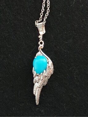 Pretty Vintage German Amedeo Turquoise Sterling Silver Feather Pendant Necklace